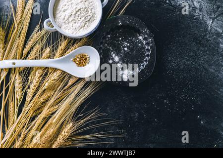 Weizenähren und Mehl auf schwarzem Hintergrund Stockfoto