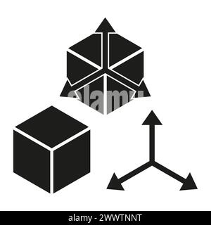 Set von Symbolen für geometrische 3D-Formen. Würfel- und Tetraeder-Figuren. Richtungsachsensymbol. Vektorabbildung. EPS 10. Stock Vektor