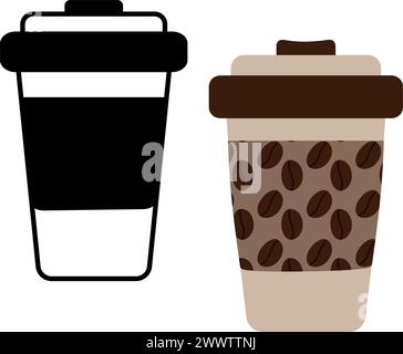 Gemustert mit Kaffeebohnen und schwarz-weißen Einwegkaffeetassen mit Deckel. Logo, Begrüßungsidee. Kaffeetag. EPS. Vektor für Aufkleber, Logo, Zeiger oder Karte, Poster, Banner, Preisschild, Etikett, Web Stock Vektor