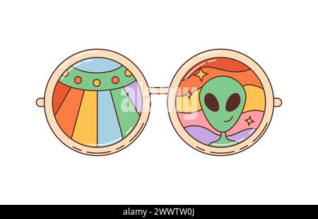 Groovige Retro Cartoon Brillen Sonnenbrille mit Regenbogen in 70er Jahre Hippie Kunst, Vektor-Symbol. Groovige Sommersonnenbrille mit funky, lustigen Alien und Psychedelic Stock Vektor