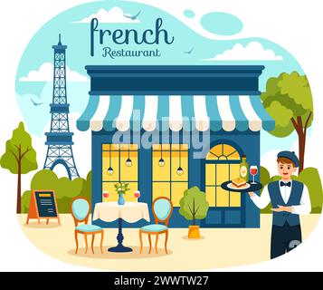 Französische Küche Restaurant Vektor-Illustration mit verschiedenen traditionellen oder nationalen Speisen von Frankreich auf flachem Stil Cartoon Hintergrund Stock Vektor