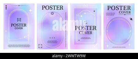 y2k-Posterhintergründe mit violettem Farbverlauf und magischen Rahmen für Linien und Sterne, Vorlagen für Vektordeckel. Hologramm-Pastellfarbverlauf mit Y2K-Ästhetik Stock Vektor