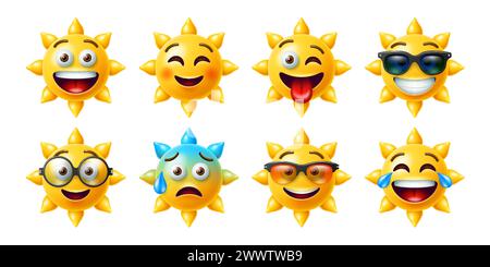 3D Sun Emoji, coole und süße gelbe sonnige Charaktere, die Emotionen ausdrücken. Vektorsatz von Sonnensommerfiguren, die Sonnenbrillen, Sonnenbrillen und Brillen tragen Stock Vektor