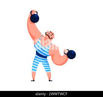 Cartoon Circus Strongman Shapito Charakter mit einem Retro-Stil-Schnurrbart und gestreiftem Einteiler, grinst, während er mühelos eine riesige Ba hebt Stock Vektor