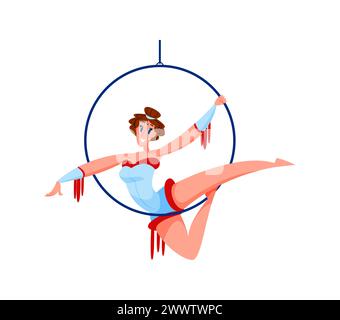 Cartoon Shapito Circus Air Gymnast Frauenfigur führt Akrobatik auf einem hängenden Reifen mit Kraft und Flexibilität. Isolierter Vektor-Antennentanz Stock Vektor