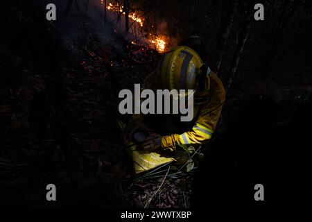 Medellin, Kolumbien. März 2024. Feuerwehrleute und Mitglieder der Gemeinde helfen am 25. März 2024, einen Waldbrand in Copacabana, nördlich von Medellin, Kolumbien, zu löschen. in der Nähe des Schutzgebietes „La Cruz“. Foto: Juan J. Eraso/Long Visual Press Credit: Long Visual Press/Alamy Live News Stockfoto