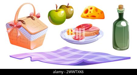 Picknick-Korb mit Speisen, Obst und Wein. Camping-Snack im Sommer oder Mittagessen auf einer Decke mit Brot, Käse und Gemüse. Fibertischdecke isoliert mit gewebter Tasche und Frühstück zum Mitnehmen Stock Vektor