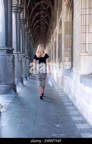 Das Foto zeigt eine junge kaukasische Frau mit blonden Haaren, die vom Betrachter durch eine große historische Arkade weggeht. Ihr dunkelblaues Oberteil und der Rock mit Zebramuster stehen im Kontrast zum Steinwerk des Korridors, während ihre Fersen auf dem Boden rasten und durch den gewölbten Durchgang nachhallten. Sie trägt eine weiße Einkaufstasche, die auf eine Erzählung von Freizeit und Entdeckungen im architektonischen Glanz vergangener Zeiten hindeutet. Reise durch die Geschichte: Ein Spaziergang entlang der zeitlosen Arkade. Hochwertige Fotos Stockfoto