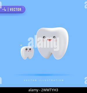 3D-realistischer Baby-Zahn-Charakter mit Mama Tooth lächelnd über blauem isoliertem Hintergrund. Geeignet für Zahnarztpraxis für Kinder Stock Vektor