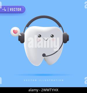 Kinderzahnklinik Call Center Konzept mit lächelndem und glücklichem Zahn Vektor Illustration. 3D Cute Tooth Cartoon Figur. Logo-Symbol Für Gesunde Zähne Stock Vektor
