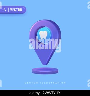 Dentalklinik Standort Konzept mit 3D realistischem nettem Zahn und Standort Symbol isoliert auf blauem Hintergrund Vektor Illustration. Dental Point Logo Desig Stock Vektor