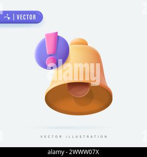 3D realistische Vektor-Illustration zur Benachrichtigung der gelben Glocke. Logo, Symbol oder Symbol in weißem Hintergrund. Gelbes Klingeln wi Stock Vektor