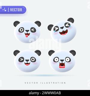 3D realistischer Vektor-Satz der niedlichen Cartoon kleine Panda Icons mit verschiedenen Gesichtsausdruck isoliert in weißem Hintergrund. Einfaches und minimales Panda Cub F Stock Vektor