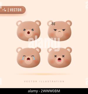 3D realistische Bärengesicht Emotionen Set mit verschiedenen Gesichtsausdruck Vektor Illustration. Niedliches Bärendesign. Vektor-Satz Von Niedlichem Cartoon Bär Ic Stock Vektor