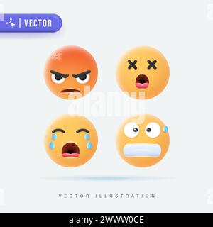 Emojis und Emoticons Gesichtsvektorsatz. Emoticon niedlicher gelber Gesichter mit verschiedenen Ausdrücken isoliert auf weißem Hintergrund. Vektorabbildung. Ic Einstellen Stock Vektor