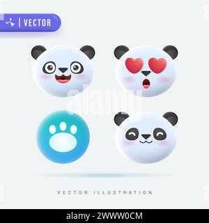 3D realistischer Vektor-Satz der niedlichen Cartoon kleine Panda Icons mit verschiedenen Gesichtsausdruck isoliert in weißem Hintergrund. Einfaches und minimales Panda Cub F Stock Vektor
