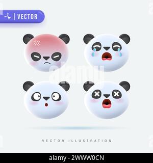 3D realistischer Vektor-Satz der niedlichen Cartoon kleine Panda Icons mit verschiedenen Gesichtsausdruck isoliert in weißem Hintergrund. Einfaches und minimales Panda Cub F Stock Vektor