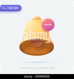 3D realistische Vektor-Illustration zur Benachrichtigung der gelben Glocke. Logo, Symbol oder Symbol in weißem Hintergrund. Gelbes Klingeln wi Stock Vektor