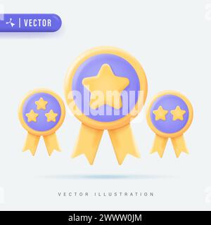 Champion and Winner Awards Medal Set mit Stern und Band. Erster, Zweiter, Dritter Platz Trophy. Premium-Qualitätslabel, Qualitätsgarantiesymbol. 3D Stock Vektor
