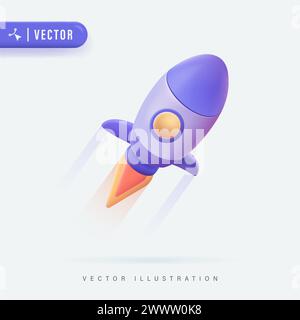 Fliegende Weltraumrakete 3D realistisch. Start des Raumschiffs. Raketensymbol, -Logo oder -Symbol. Logoversand. Vektorabbildung. Rakete fliegt über Wolken, Rocket la Stock Vektor