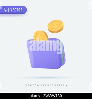 Realistische 3D-Tasche voller Dollar-Münze Vektor-Illustration. Wallet-Symbol. Geldbörsensymbol mit Münzen. Sparkonzept Stock Vektor