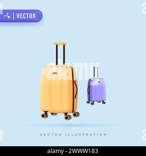 3D realistische Cartoon farbige Koffer auf Rädern Vektor Illustration. Reisekoffer, Geschäftskoffer, Reisegepäck. Gelber und lila Plastikanzug Stock Vektor