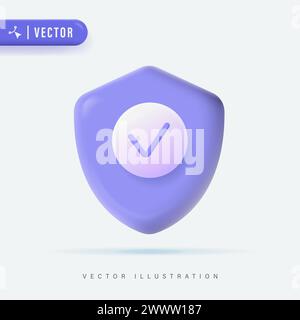 3D Realistic Purple Shield Check Mark Logo Symbol Design Template, Vektorillustration. Symbol „Gesichert“, „Schutzvektor“. Sicherheit, Garantiertes Logo. Stock Vektor