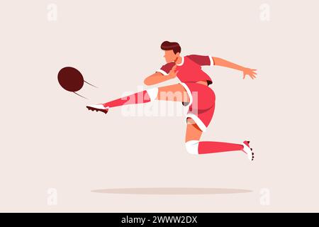 Fußballspieler Trecking Ball to Goal Flat Design Konzept, Fußballspieler Shot Ball Vektor Illustration Stock Vektor