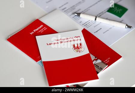 Potsdam, Deutschland. März 2024. Die Verfassung des Landes Brandenburg am Rande der Plenarsitzung des brandenburgischen landtags. Quelle: Jens Kalaene/dpa/Alamy Live News Stockfoto