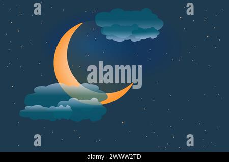 Mondsichel auf dem Hintergrund des Sternenhimmels. Mondlicht am Nachthimmel. Cartoon orange Mond und Wolken. Mitternacht- oder Schlafenszeitkonzept. Abenddämmerung. Vektor Stock Vektor