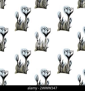 Nahtloses Muster mit Frühlings- und Sommerfarben. Krokus im Sketch-Stil, handgezeichnet auf weißem Hintergrund Stock Vektor