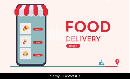 Online-Konzept für Lebensmittelbestellung und -Lieferung mit Fast Food-Vektor-Illustration. Vorlage für die Online-Bestellung von Lebensmitteln über eine Smartphone-Anwendung. Fastfood-IC Stock Vektor