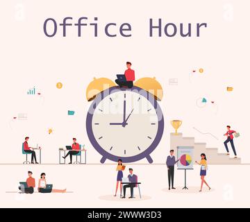 Office Hour Template Design Vektor-Illustration. Große Uhr mit Office Worker-Charakter, der während der Bürozeit arbeitet. Männlicher Chacarter, der mit dem Computer arbeitet, Stock Vektor