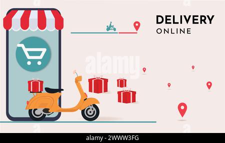 Lieferung Online-Konzept mit Roller und Paket bereit zur Lieferung Vektor-Illustration. Konzept des Online-Bereitstellungsservices. Perfekt für Landing-Page, Stock Vektor