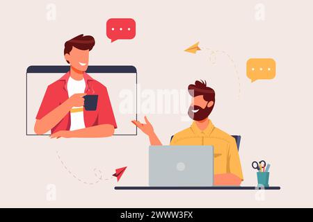 Zwei Mann mit virtuellem Meeting von zu Hause Konzept Vektor Illustration, zwei Jungs mit Online Meeting Flat Design Stock Vektor