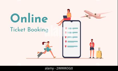 Flugtickets Online-Buchungskonzept. Vektorabbildung. Ticket mit Smartphone und Computer kaufen. Vorlage für die Landing-Page von Buchen Sie Ihren Flug. Stock Vektor
