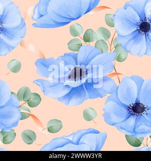 Ein nahtloses Muster mit Aquarellfloralen auf beigefarbenem Hintergrund. Blaue Anemonen, Satinbänder, Eukalyptusblätter. Für Textildesigns, Schreibwaren Stockfoto