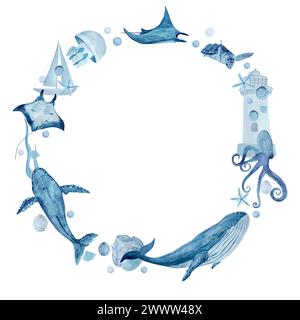 Sea LIFE Aquarell handgezeichneter blauer monochromatischer runder Rahmen isoliert auf weiß. Stockfoto