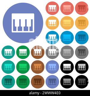 Klaviertastatur mit mehrfarbigen flachen Symbolen auf rundem Hintergrund. Inklusive weißer, heller und dunkler Symbolvarianten für Mover- und aktive Statuseffekte Stock Vektor