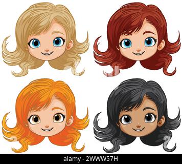 Vier Cartoon-Mädchen mit verschiedenen Haarfarben Stock Vektor