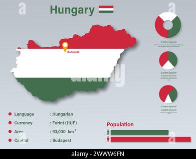 Ungarn Infografik Vektorillustration, Ungarn Statistisches Datenelement, Ungarn Informationstafel Mit Flaggenkarte, Ungarn Kartenflagge Flach Gestaltet Stock Vektor