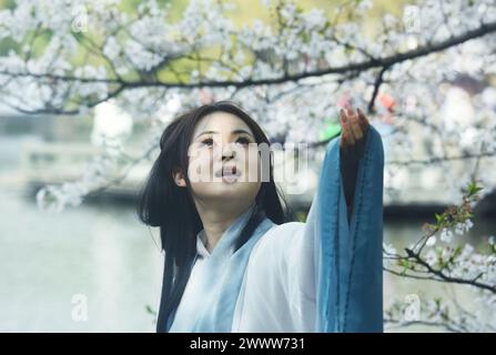 HANGZHOU, CHINA - 26. März 2024 - Touristen genießen Kirschblüten in voller Blüte am Westsee in der Stadt Hangzhou, Provinz Zhejiang, China, 26. März, Stockfoto