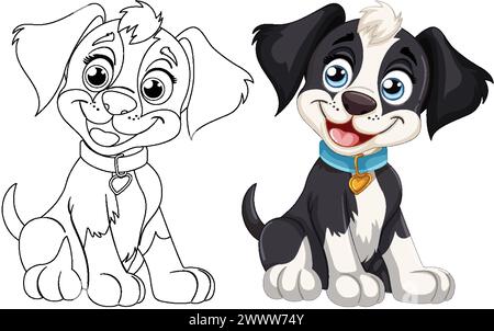 Zwei Zeichentrickhunde lächeln, einer farbig und einer umrissen. Stock Vektor