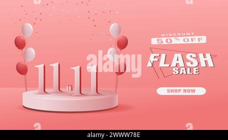 Flash-Verkaufs-Shopping-Banner mit Geschenkbox Vektor-Illustration. Verkaufs- und Rabatthintergrund mit Podium und rosafarbener Geschenkbox. Stock Vektor