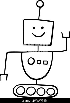 Fröhliche, lustige Kritzelei-kindliche Roboterfigur. Kinder Hand gezeichneter Roboter mit Lächeln Gesicht. Vektorillustration isoliert auf weißem Hintergrund Stock Vektor