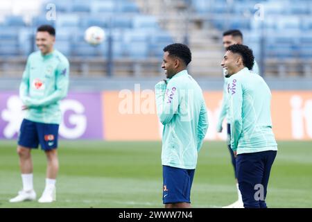 Rodrygo Goes und Rafinha aus Brasilien während des Trainings und der Pressekonferenz des brasilianischen Teams vor dem Freundschaftsspiel gegen Spanien am 25. März 2024 im Ciudad Deportiva Real Madrid in Valdebebas, Madrid, Spanien Stockfoto