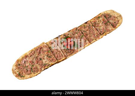 Traditionell türkisch gebackene Speise Pide. Türkische Pizza Pide, mittelöstliche Vorspeisen. Türkische Küche. Draufsicht. Mit Fleischfüllung pidieren Stockfoto