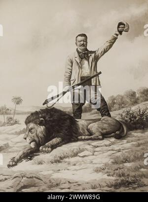 Theodore Roosevelt mit totem Löwen - Van Ness Illustration 1902 Stockfoto