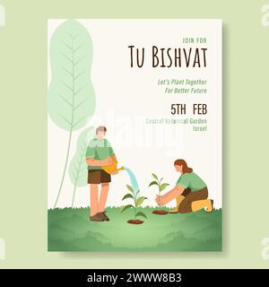 Übersetzung : Happy Tu Bishvat. Jugendcharakter, der Baum auf Tu Bishvat Tag Vektor Illustration pflanzt. Jüdischer Feiertag, Neujahr für Bäume Stock Vektor