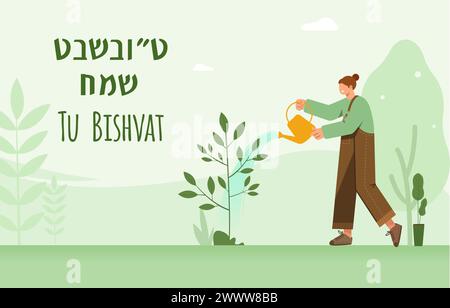 Übersetzung : Happy Tu Bishvat. Jugendcharakter, der Baum auf Tu Bishvat Tag Vektor Illustration pflanzt. Jüdischer Feiertag, Neujahr für Bäume Stock Vektor